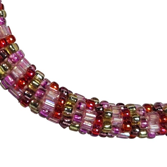 Handmade Boho Pink Red Glass Seed Beaded Stretch Bracelet Retro Fashion Jewelry - Picture 2 of 3